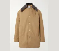 Leather-Trimmed Cotton-Canvas Coat