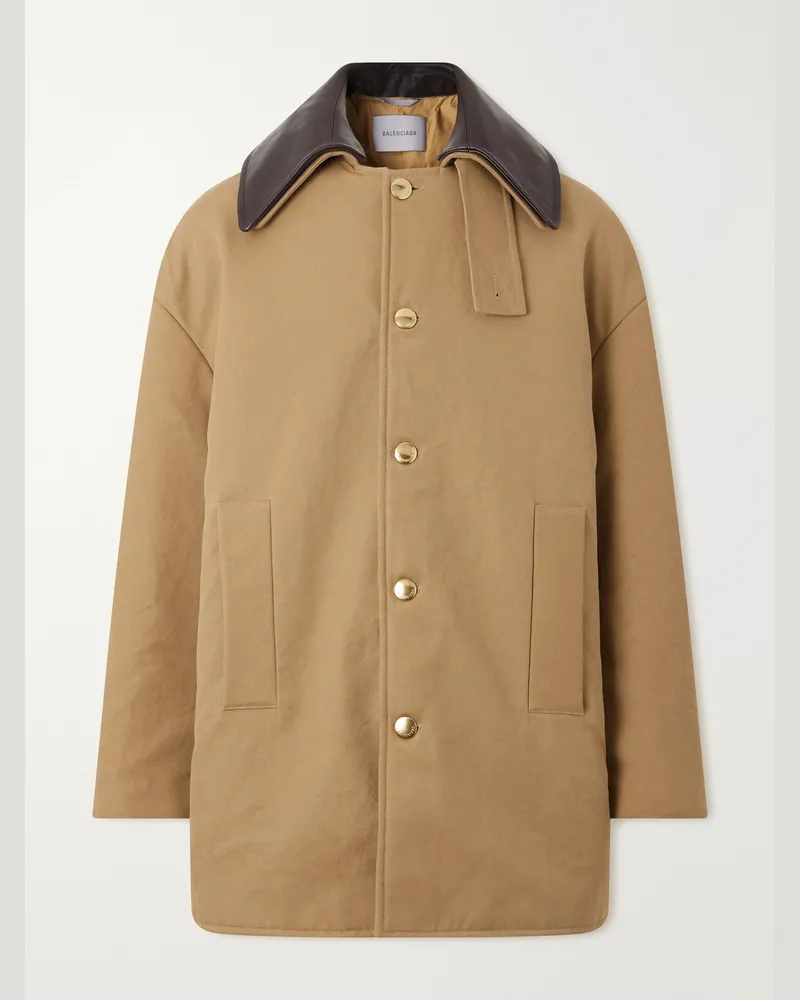 Balenciaga Leather-Trimmed Cotton-Canvas Coat Neutrals