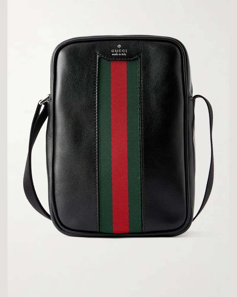 Gucci Webbing-Trimmed Leather Messenger Bag Black