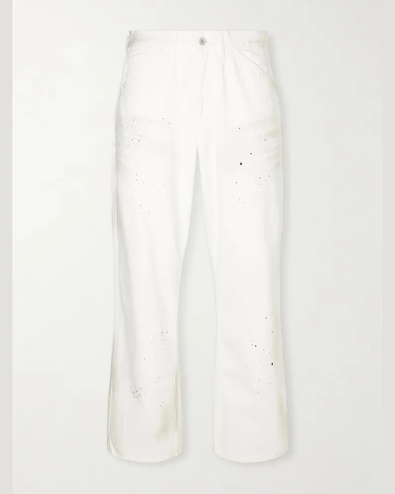 Neighborhood Cropped Wide-Leg Paint-Splattered Denim Cargo Trousers White
