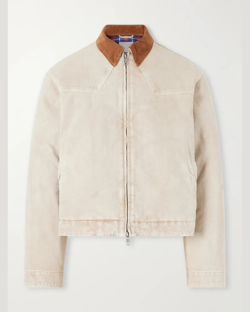 Balenciaga Logo-Embroidered Corduroy-Trimmed Paint-Splattered Denim Jacket Neutrals