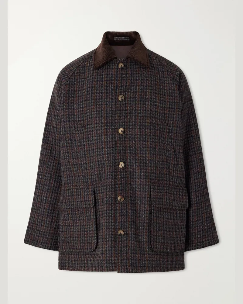 De Bonne Facture Checked Corduroy-Trimmed Wool-Tweed Jacket Brown