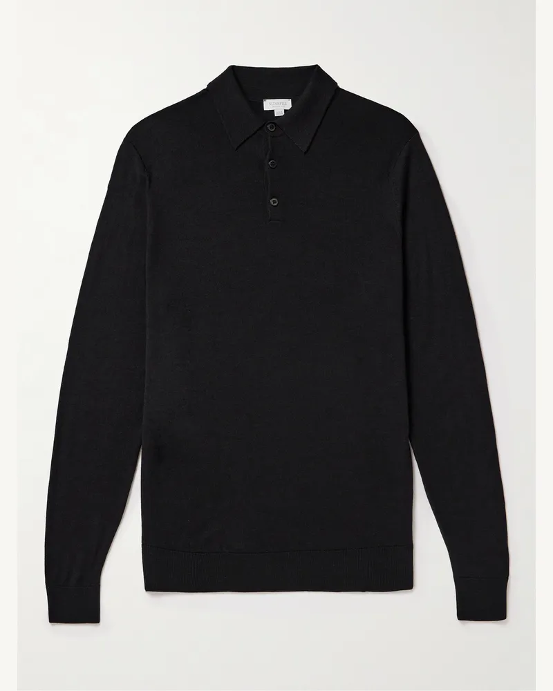 Sunspel Schmal geschnittener Pullover aus Merinowolle mit Polokragen Schwarz