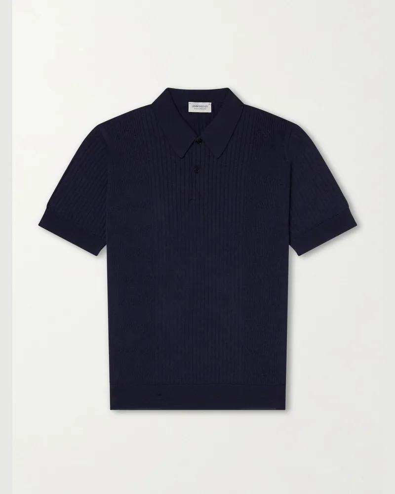 John Smedley Croall Ribbed Merino Wool Polo Shirt Blue