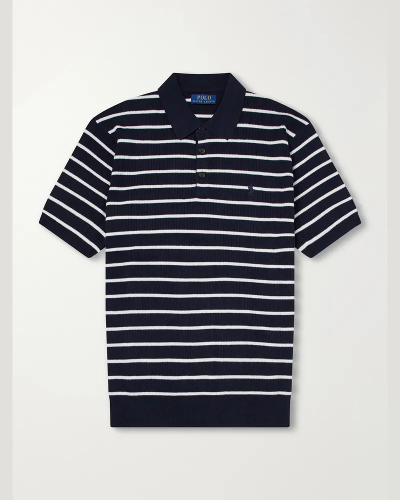 Ralph Lauren Logo-Embroidered Striped Ribbed Cotton Polo Shirt Blue
