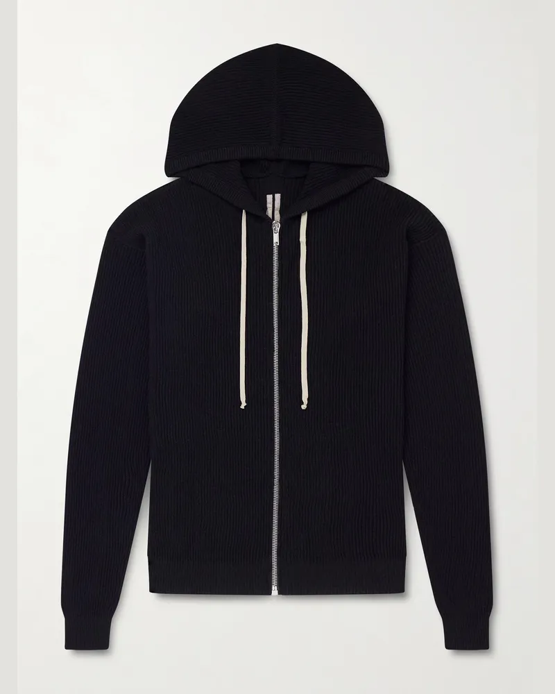 Rick Owens Ribbed Virgin Wool Zip-Up Hoodie Black