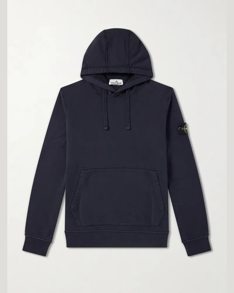 Stone Island Logo-Appliquéd Garment-Dyed Cotton-Fleece Hoodie Blue