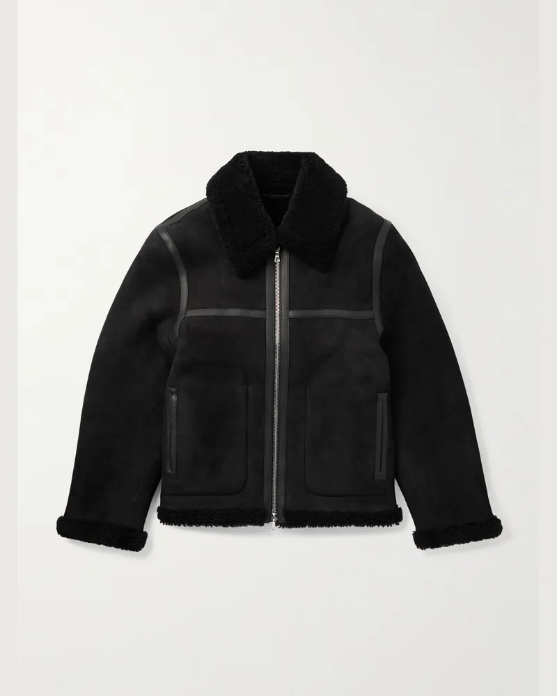Officine Generale Isaac Jacke aus Shearling mit Lederbesatz Schwarz