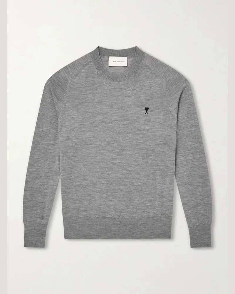 AMI Paris Logo-Embroidered Wool Sweater Gray