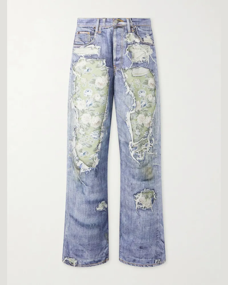 Acne Studios Wide-Leg and Rose-Printed Cotton Jeans Blue