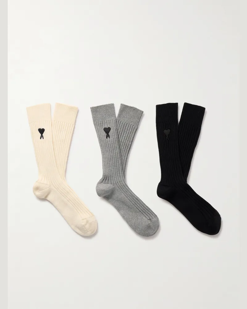 AMI Paris Three-Pack Logo-Embroidered Ribbed Cotton-Blend Socks Neutrals