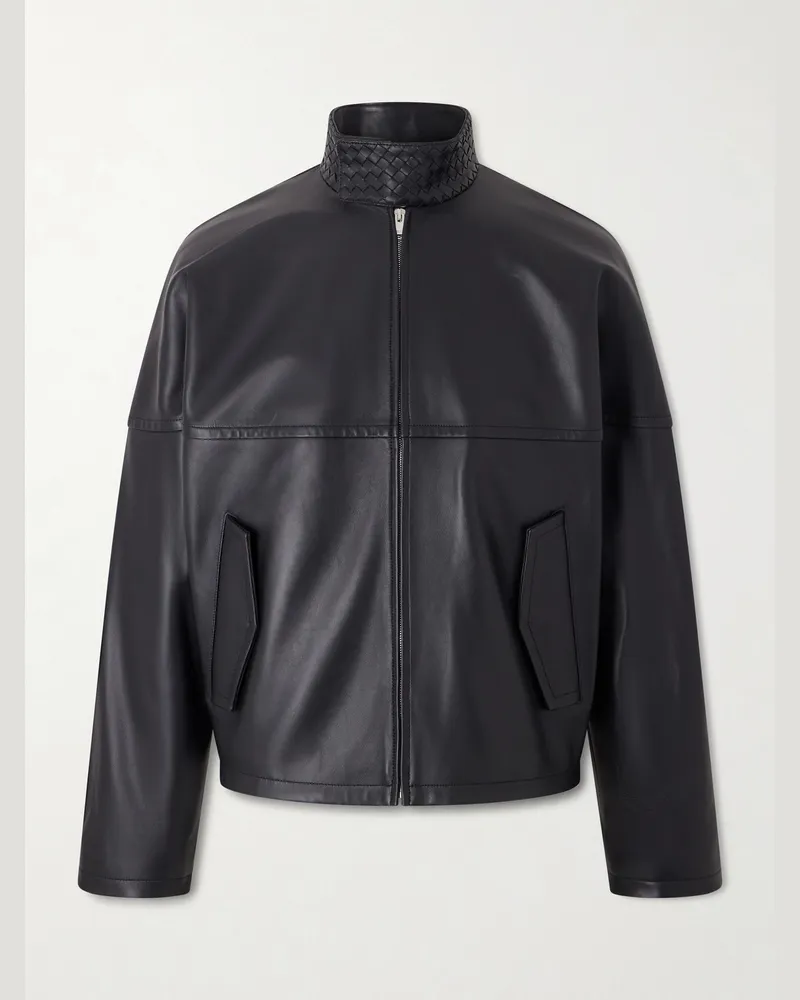 Bottega Veneta Intrecciato-Trimmed Leather Blouson Jacket Black