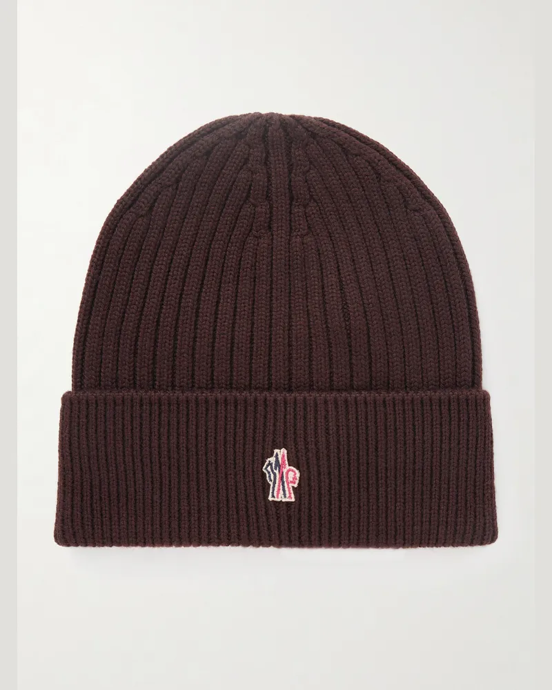 Moncler Beanie aus Schurwolle in Rippstrick mit Logoapplikation Braun