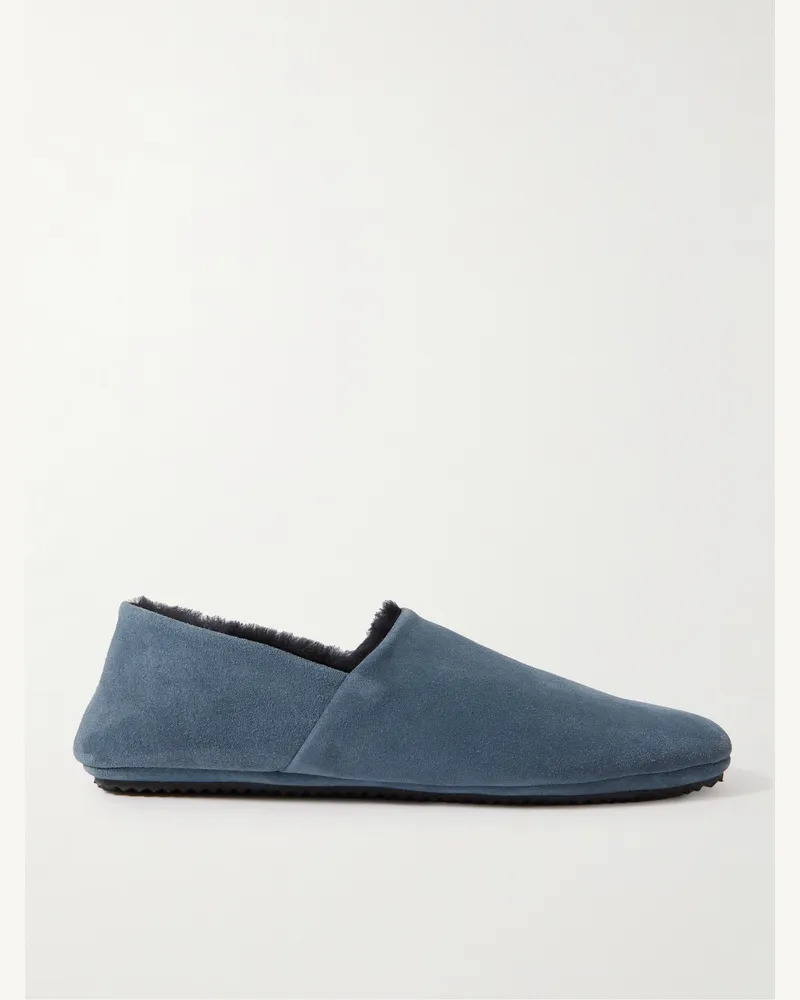 MR P. Babouche Slippers aus Veloursleder mit Shearling-Futter Blau
