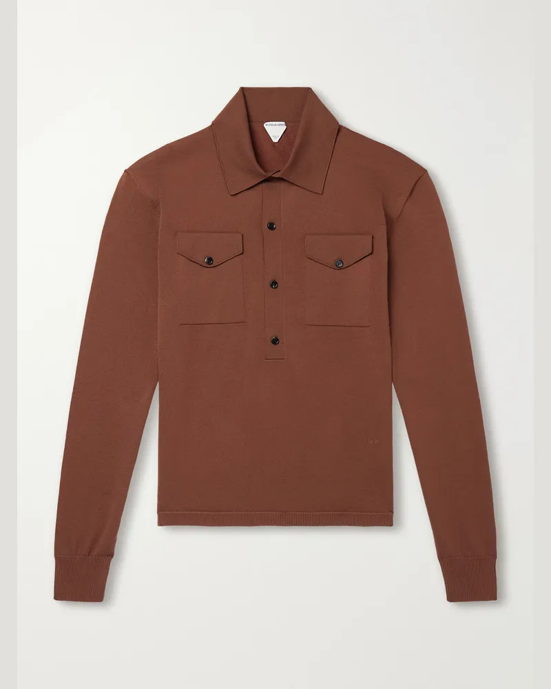 Bottega Veneta Logo-Embroidered Wool-Blend Polo Sweater Brown
