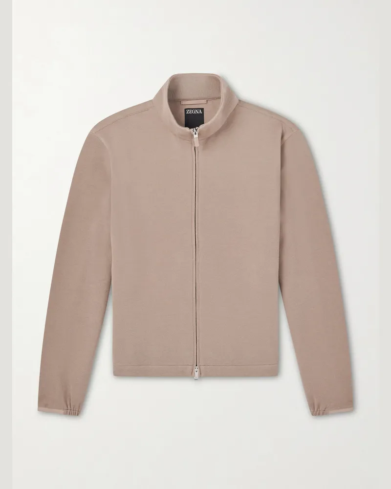 Ermenegildo Zegna Honeycomb-Knit Cotton, Wool and Silk-Blend Zip-Up Sweater Brown