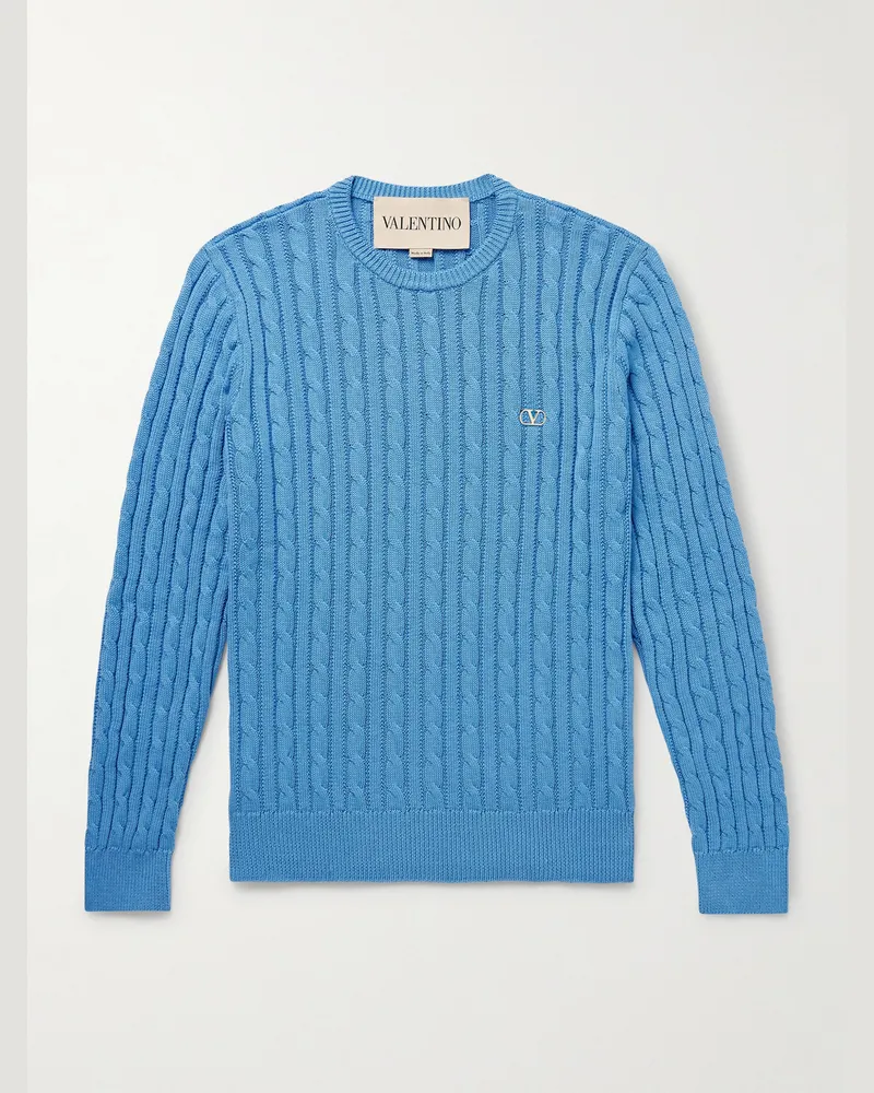 Valentino Garavani Schmal geschnittener Zopfstrickpullover aus Baumwolle mit VLogo-Stickerei Blau