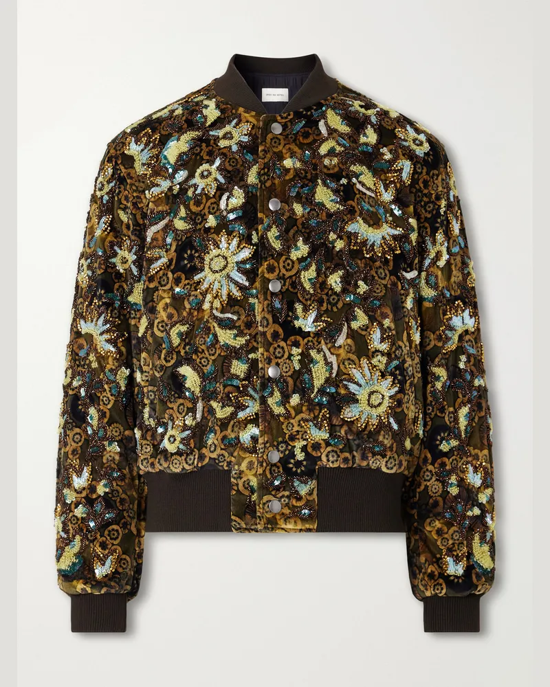 Dries van Noten Embellished Printed Velvet Bomber Jacket Green