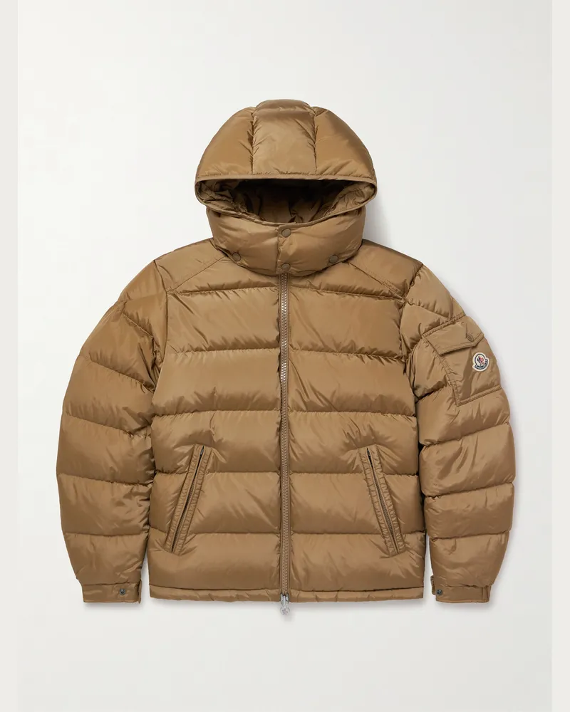 Moncler Maya Daunenjacke aus gestepptem Shell mit Kapuze und Logoapplikation Braun