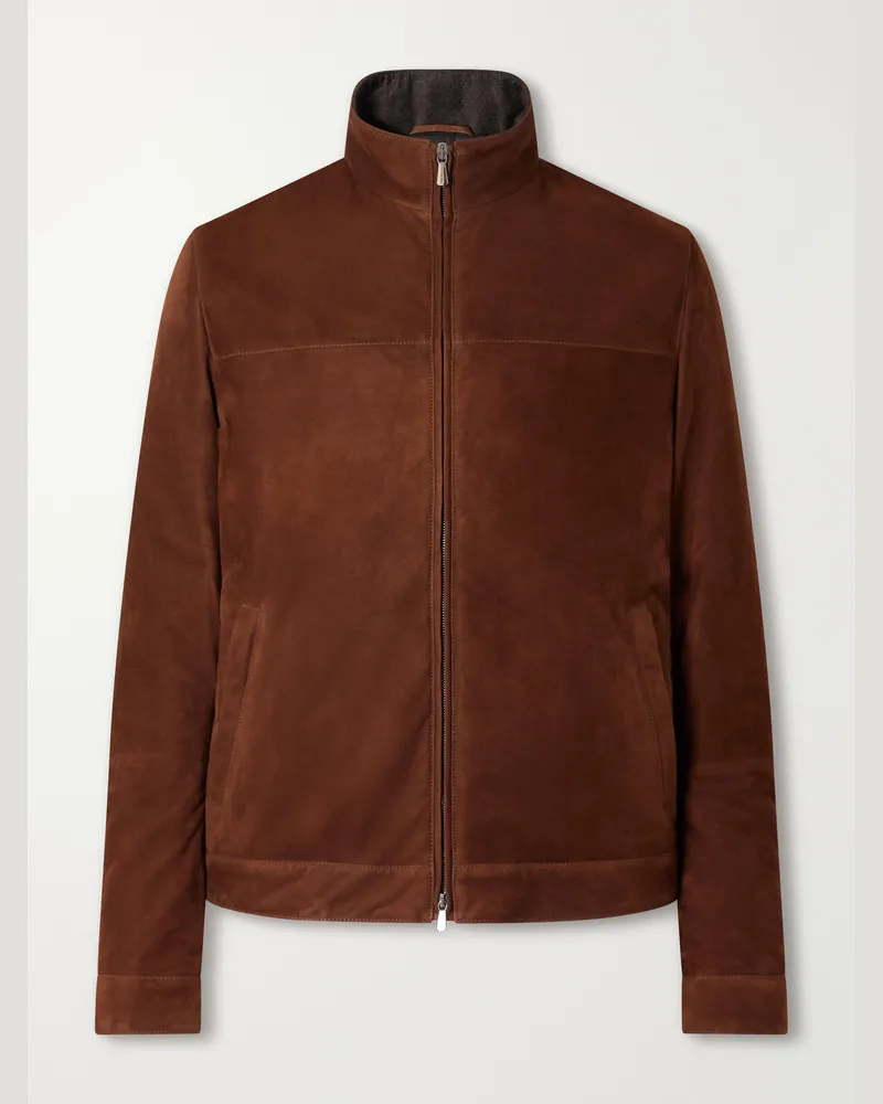 Thom Sweeney Suede Mock-Neck Bomber Jacket Brown