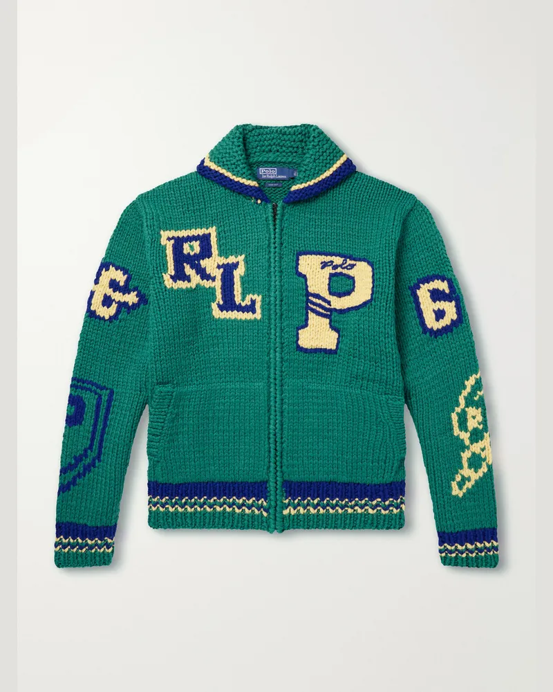 Ralph Lauren Intarsia-Knit Wool Zip-Up Sweater Green