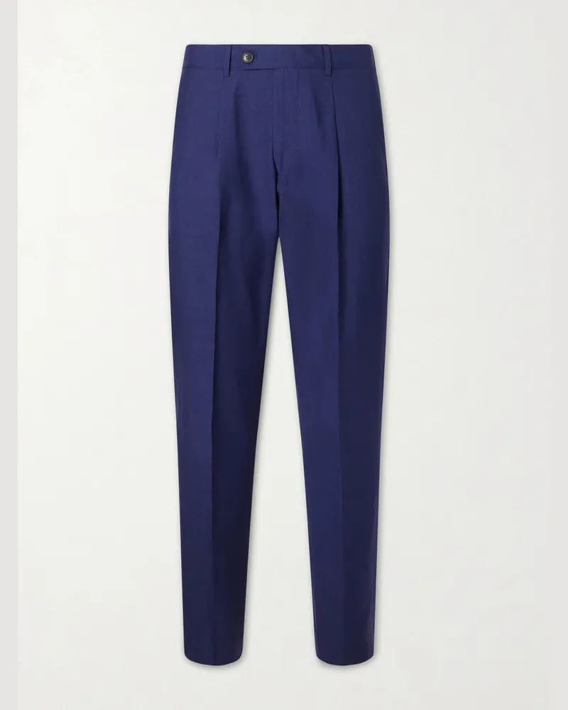 Paul Smith Tapered Pleated Wool and Linen-Blend Trousers Blue