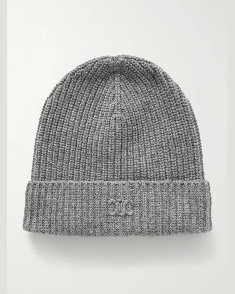 Celine Beanie aus Kaschmir in Rippstrick mit Logostickerei Grau