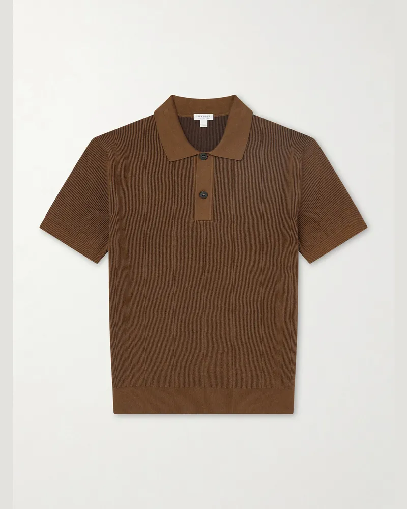 Sunspel Ribbed Cotton Polo-Shirt Brown