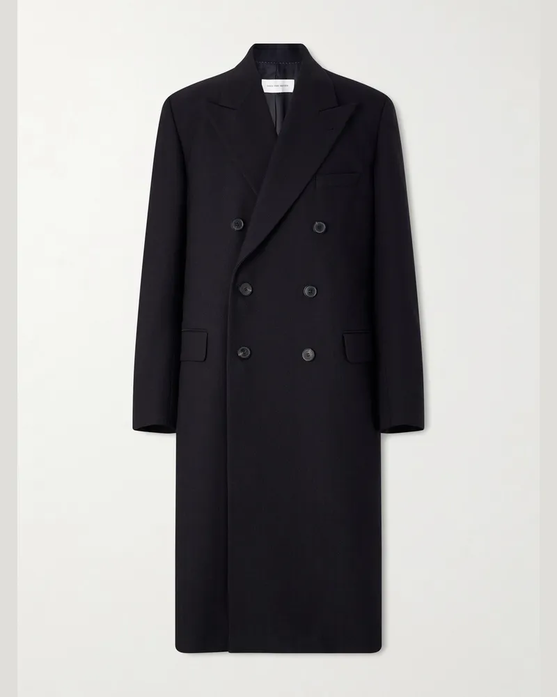 Dries van Noten Double-Breasted Herringbone Cotton and Wool-Blend Coat Black