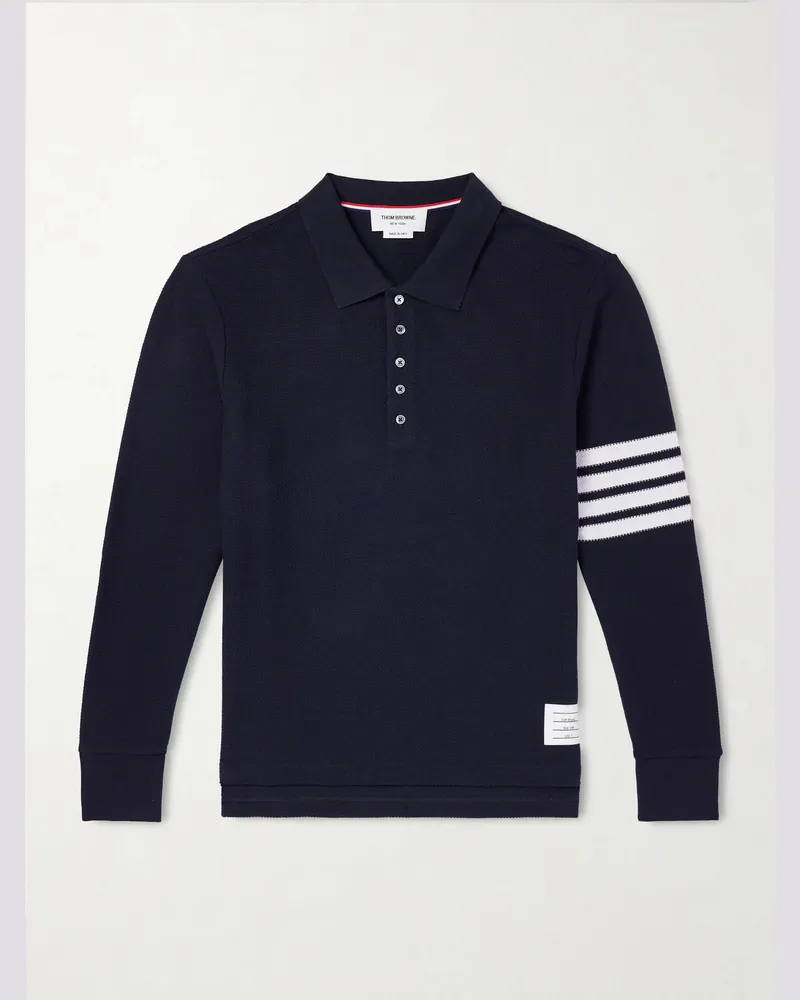 Thom Browne Striped Cotton-Piqué Polo Shirt Blue