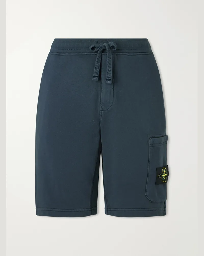 Stone Island Straight-Leg Garment-Dyed Organic Cotton-Fleece Drawstring Shorts Blue