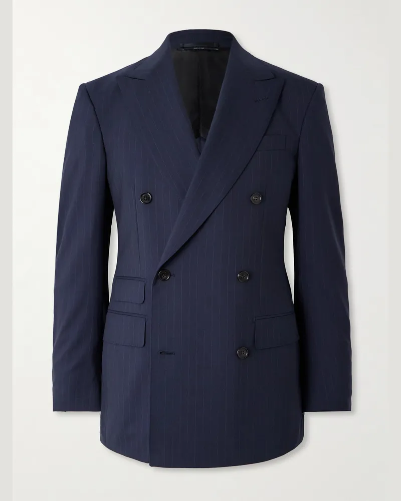 Dunhill Double-Breasted Pinstriped Wool Suit Jacket Blue