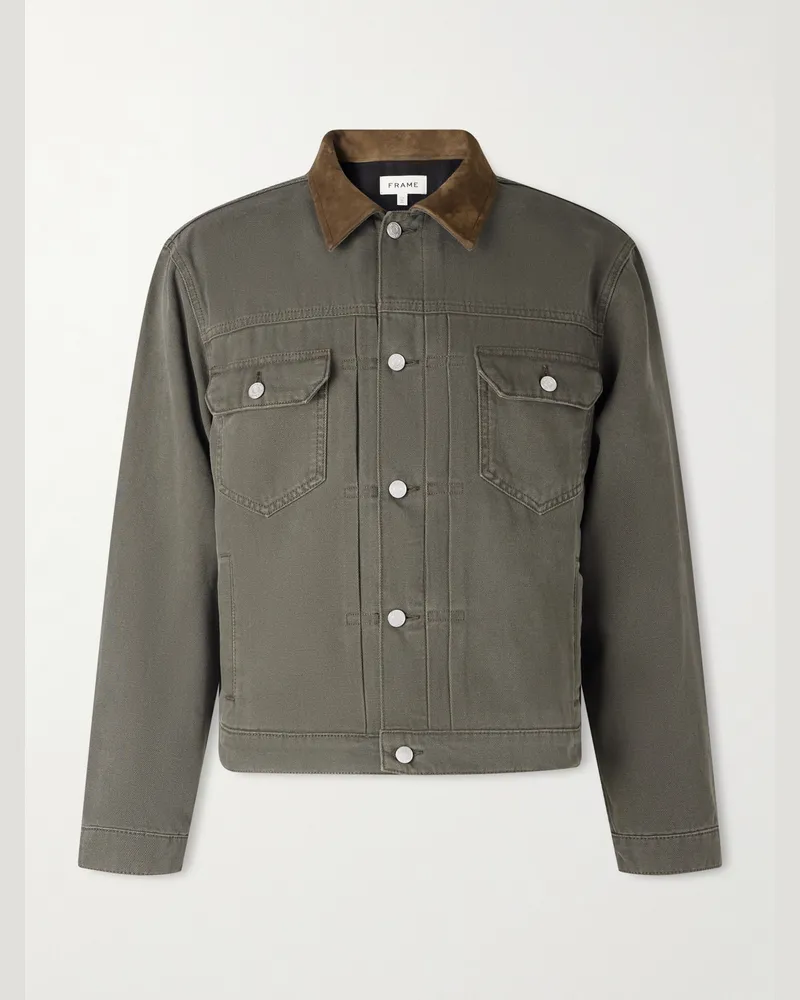 Frame Denim Jacke aus Baumwoll-Canvas mit Velourslederbesatz Grün