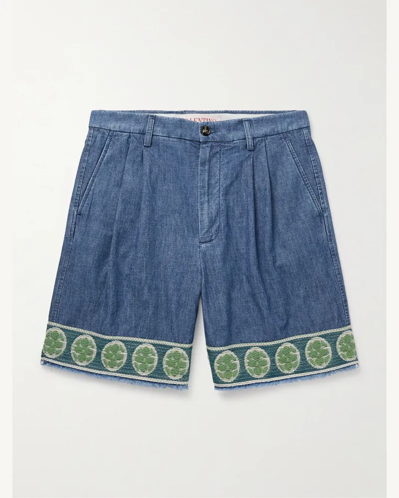 Valentino Garavani Weit geschnittene Jeansshorts mit Stickereien und Falten Blau