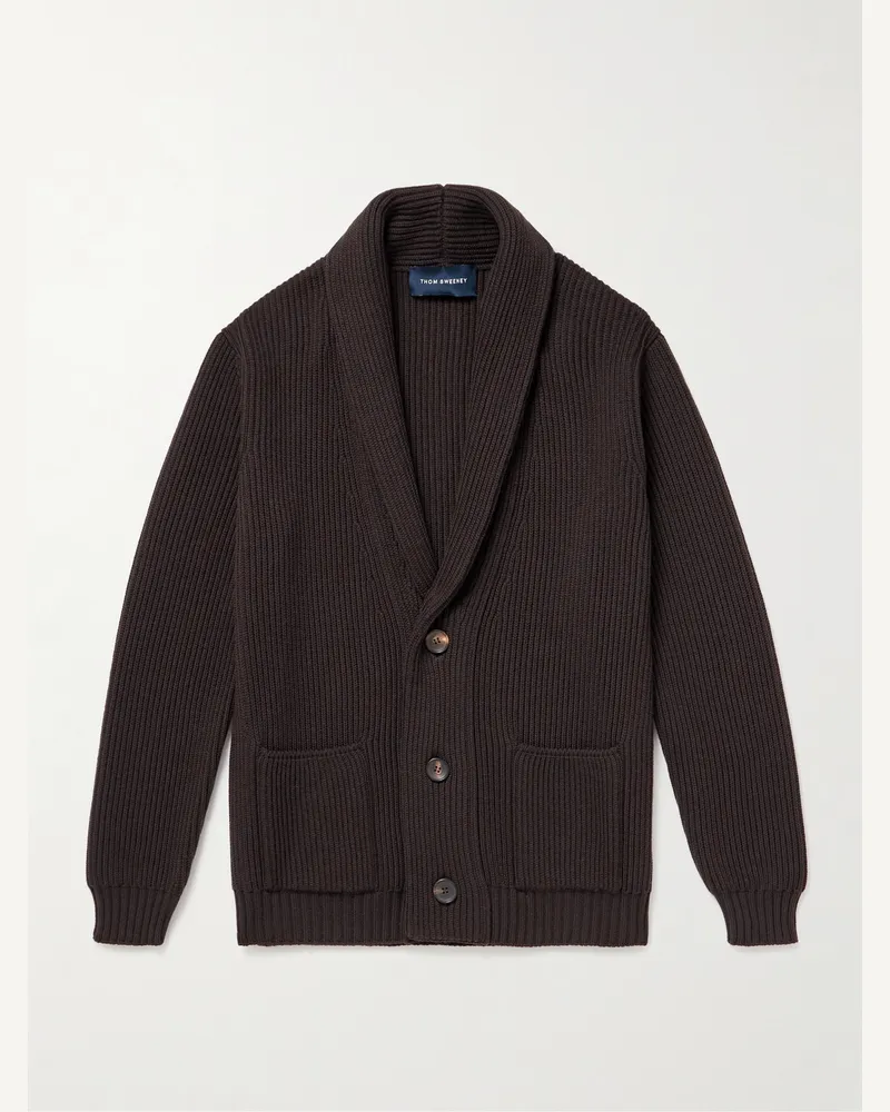 Thom Sweeney Cardigan aus Merinowolle in Rippstrick mit Schalkragen Braun