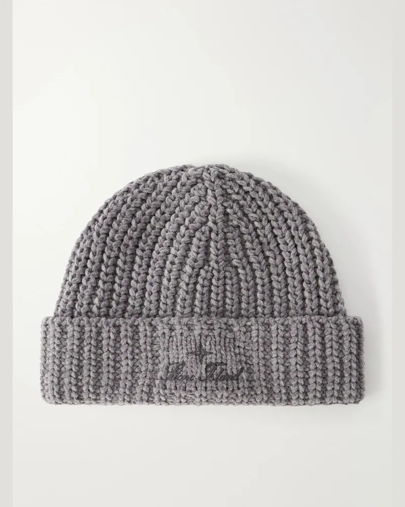 Stone Island Logo-Embroidered Cotton-Chenille Beanie Gray