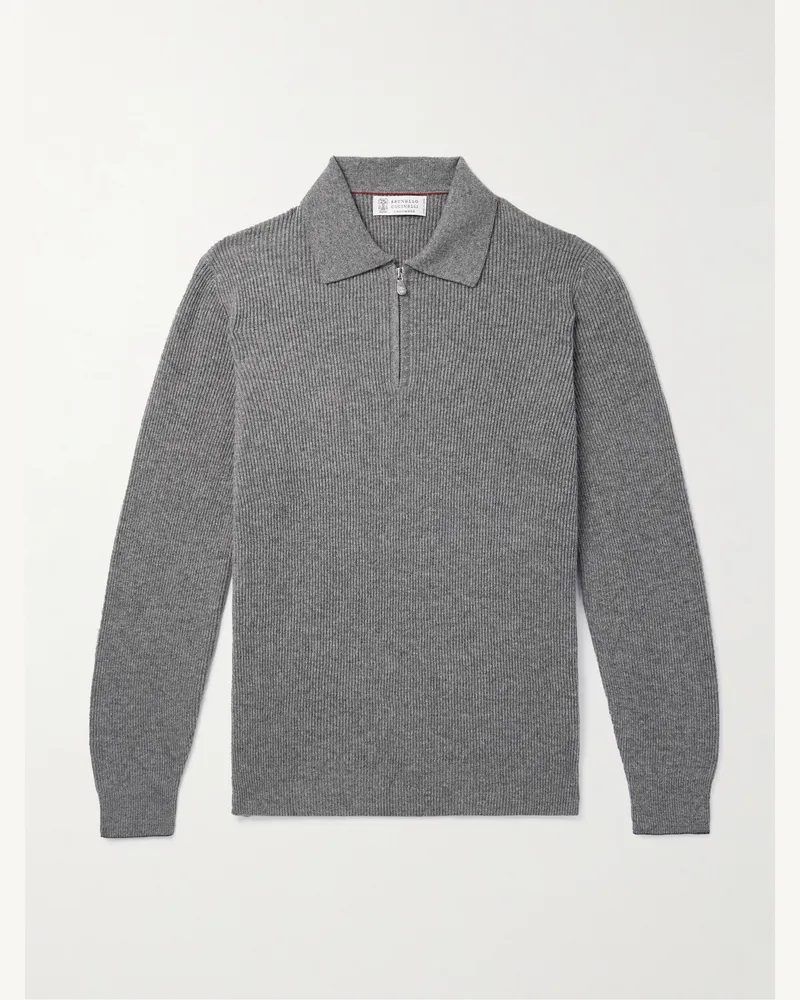 Brunello Cucinelli Pullover aus Kaschmir in Rippstrick mit kurzem Reißverschluss Grau
