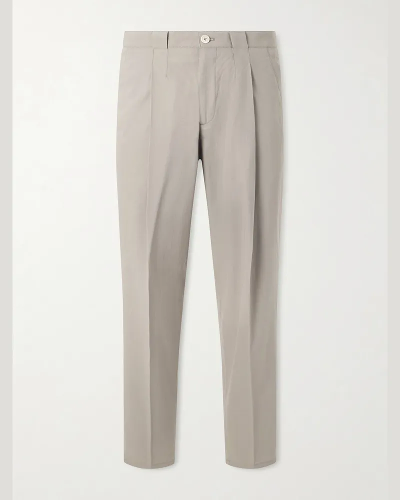Brunello Cucinelli Straight-Leg Pleated Cotton-Twill Trousers Gray