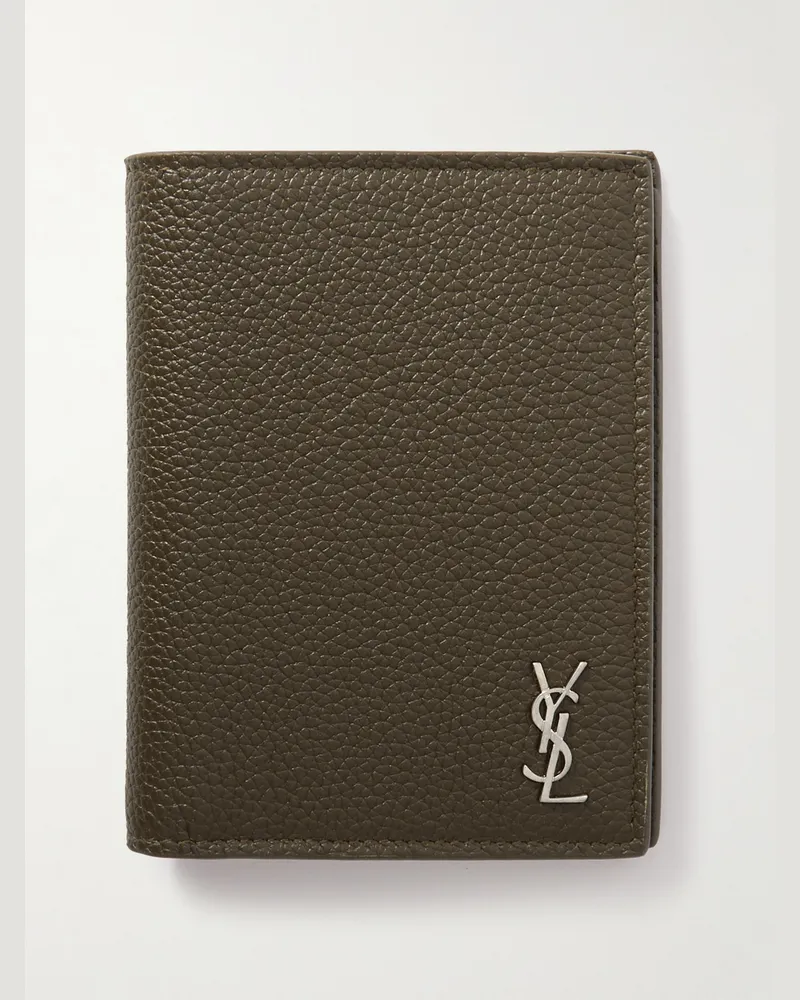 Saint Laurent Aufklappbares Portemonnaie aus vollnarbigem Leder mit Logodetail Grün