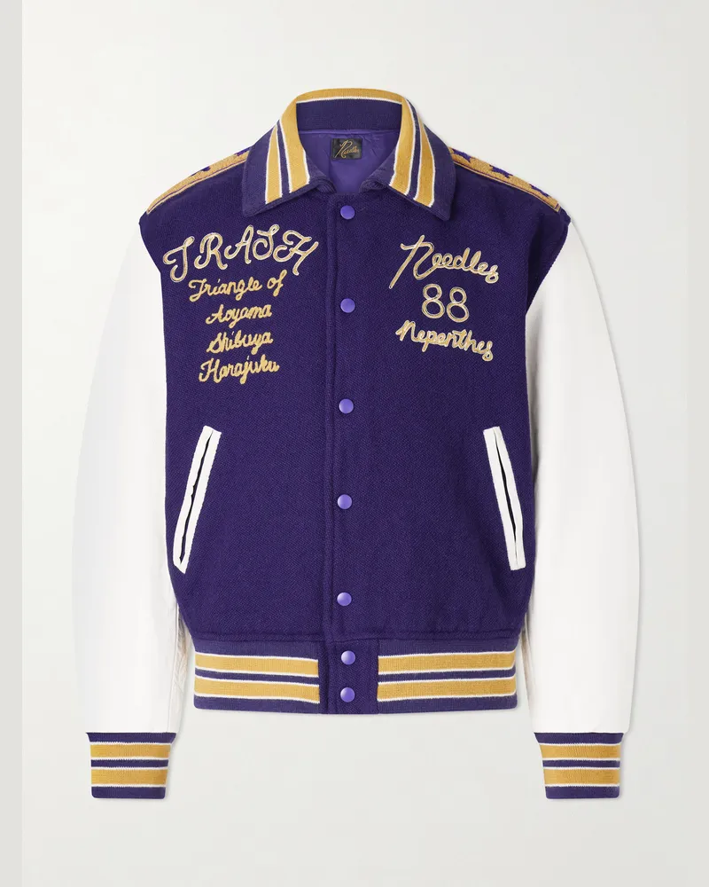 NEEDLES Verkürzte Collegejacke aus Melton aus Wolle mit Lederbesatz Lila