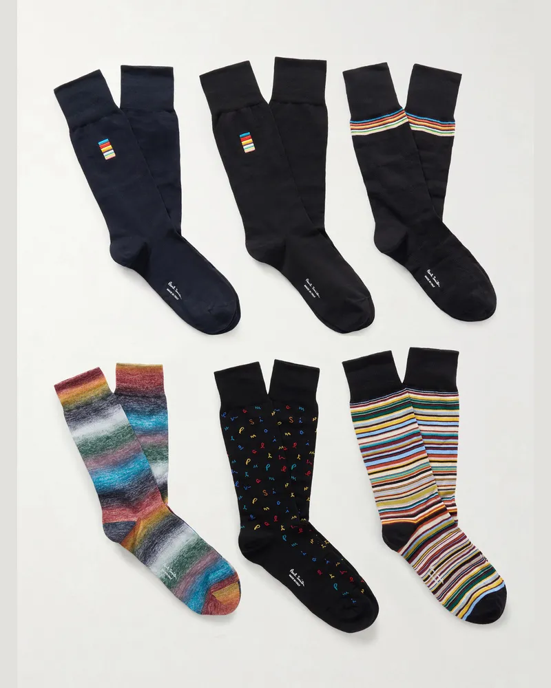 Paul Smith Set aus sechs Socken aus einer Baumwollmischung mit Stickerei und Streifen Mehrfarbig