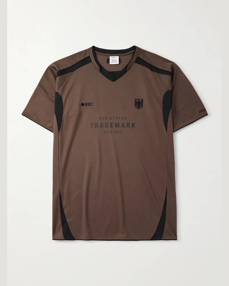 VETEMENTS Printed Embroidered Panelled Cotton-Mesh T-Shirt Brown