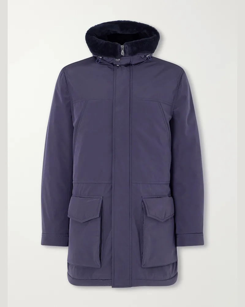 Brunello Cucinelli Hooded Padded Shearling-Trimmed Shell Coat Blue