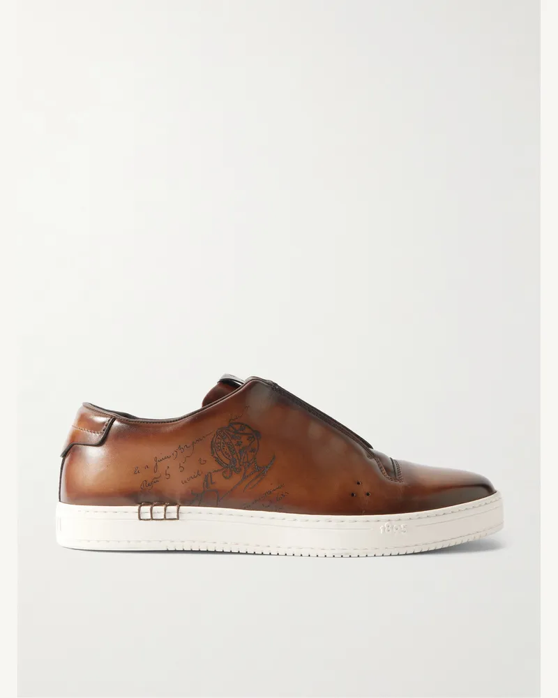 Berluti Playtime Scritto Venezia Leather Slip-On Sneakers Brown