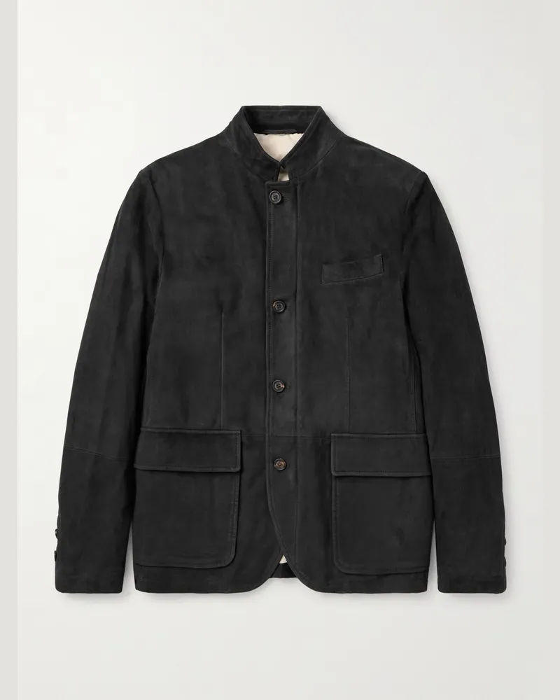 Eleventy Schmal geschnittene Daunenjacke aus wattiertem Veloursleder mit Nehru-Stehkragen Schwarz