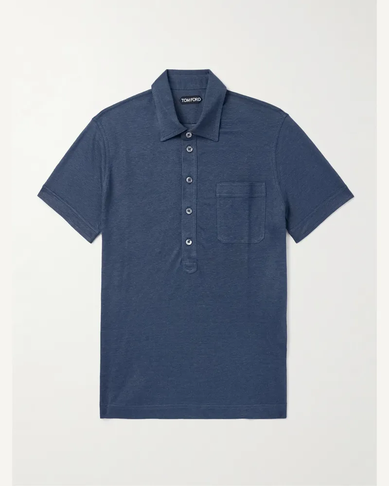 Tom Ford Slim-Fit Silk and Linen-Blend Polo Shirt Blue