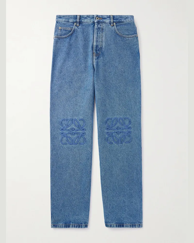 Loewe Anagram Wide-Leg Logo-Embroidered Jeans Blue