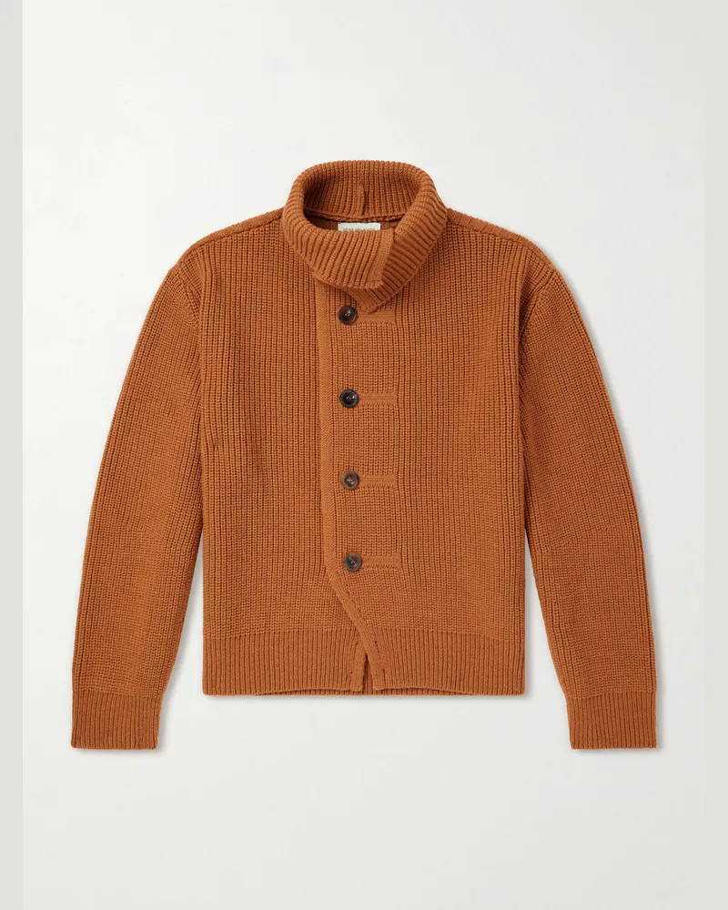 Dries van Noten Marino Shawl-Collar Ribbed Wool Cardigan Orange