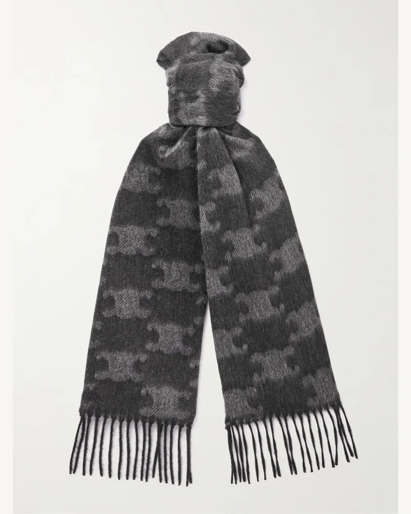Celine Triomphe Fringed Monogrammed Jacquard-Knit Cashmere Scarf Gray