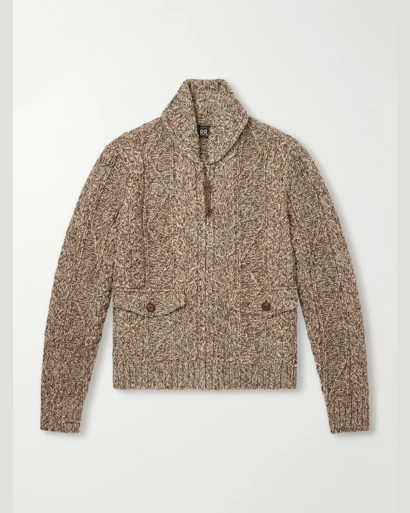 RRL Shawl-Collar Aran Cable-Knit Wool, Cotton and Linen-Blend Zip-Up Cardigan Brown